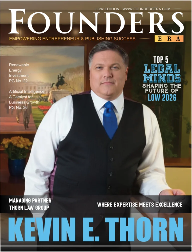 Magazine cover featuring professional individual.